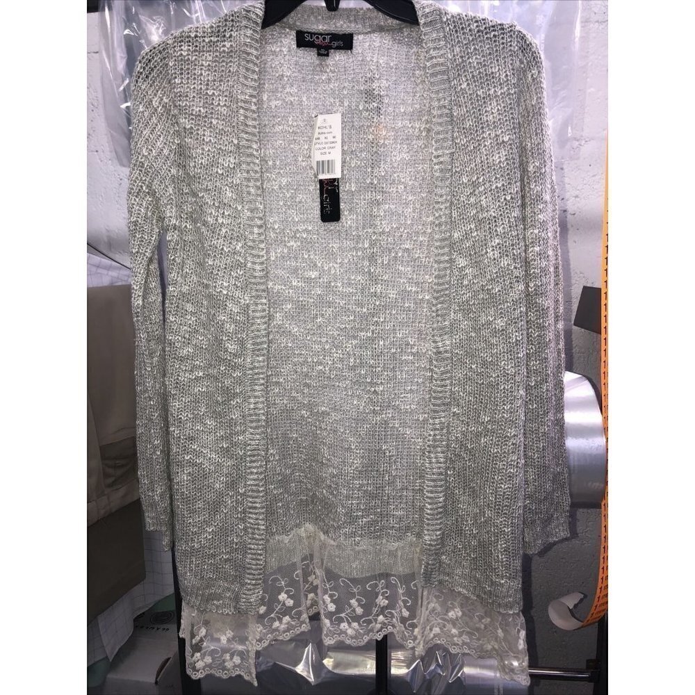 Sugar Rush Girls Gray & White Ruffle  Sweater Open Long Sleeve Size M